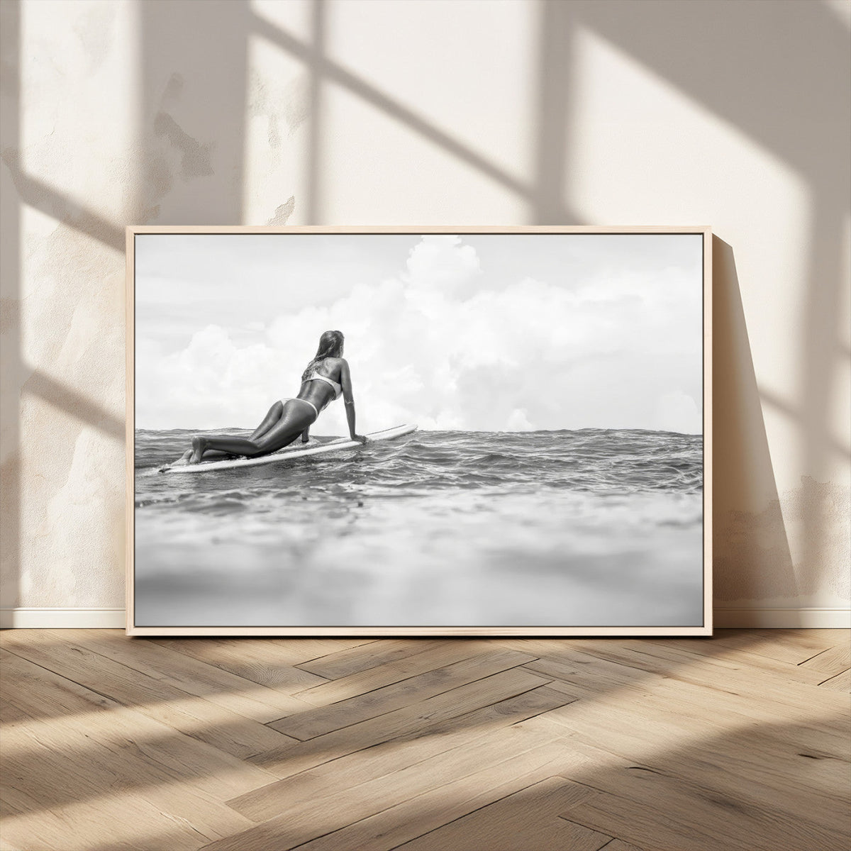 Black and White Surfing Wall Art Canvas Print, Framed Ocean Horizon Surfer Girl