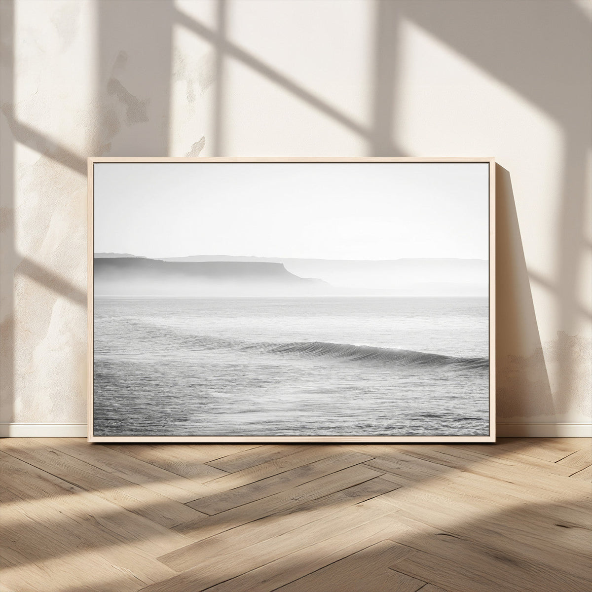 Black and White Seascape Wall Art Canvas Print, Framed Misty Ocean Waves