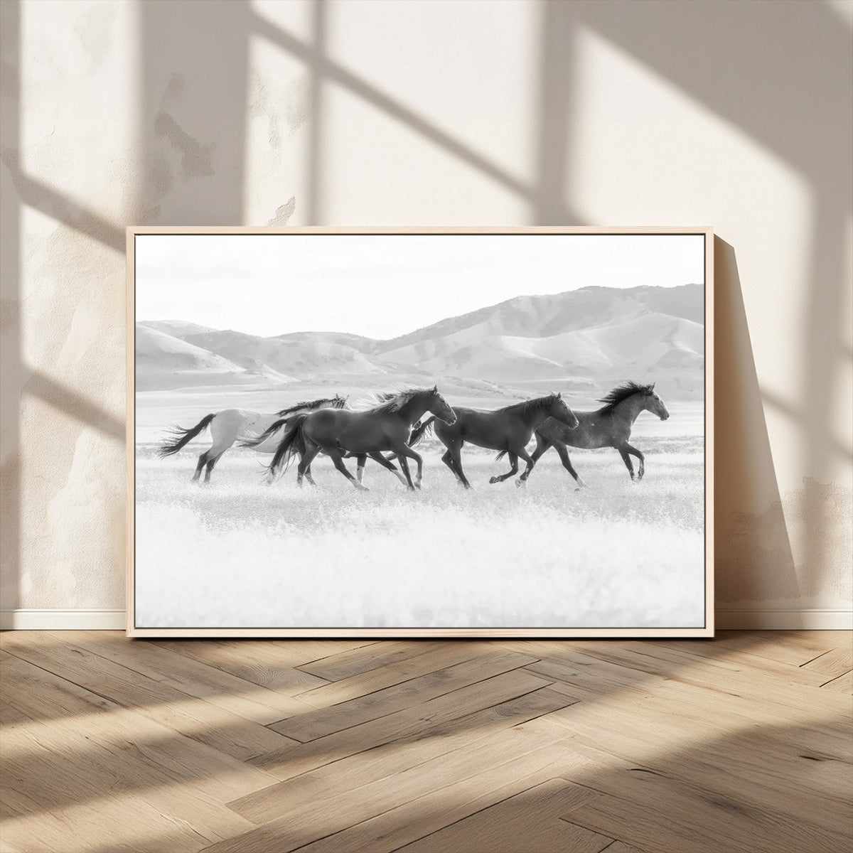 Wild Horses Running Wall Art Canvas Print, Framed Black White Mustangs Artwork