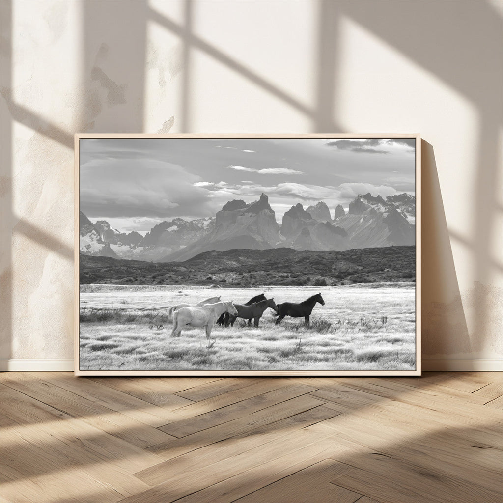 Wild Horses Wall Art | Framed Black White Mountain Canvas