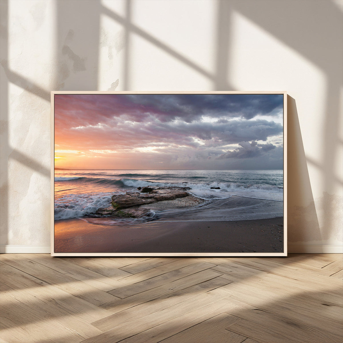 Golden Hour Wall Art Canvas Print, Framed Tranquil Waves Beach Sunset