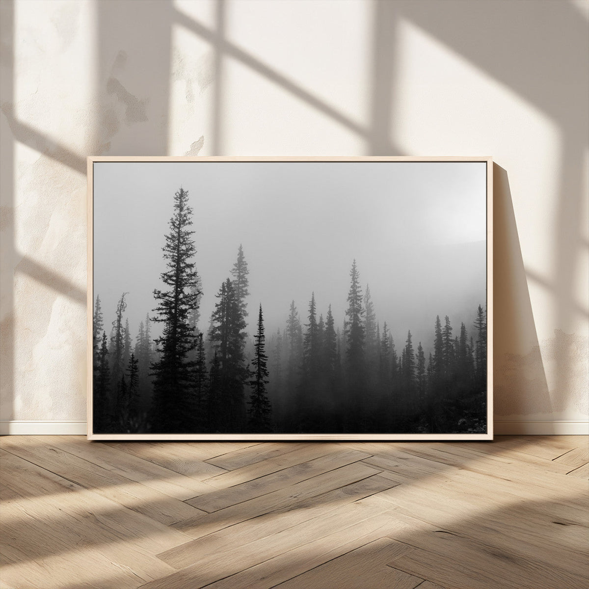 Misty Pines Wall Art Canvas Print, Framed Woodland Minimalist Black and White