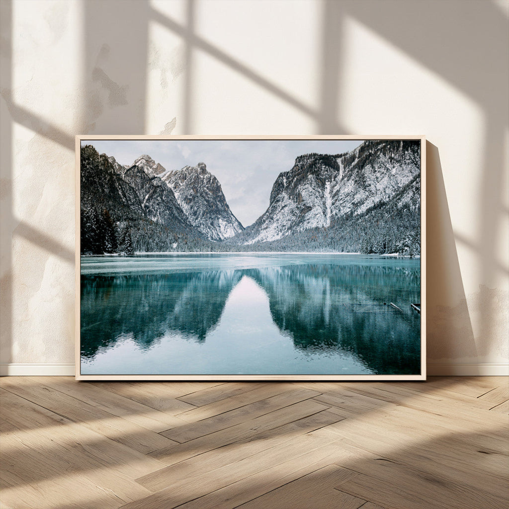 Mountain Lake Wall Art Canvas Print, Framed Toblacher See Winter Wonderland