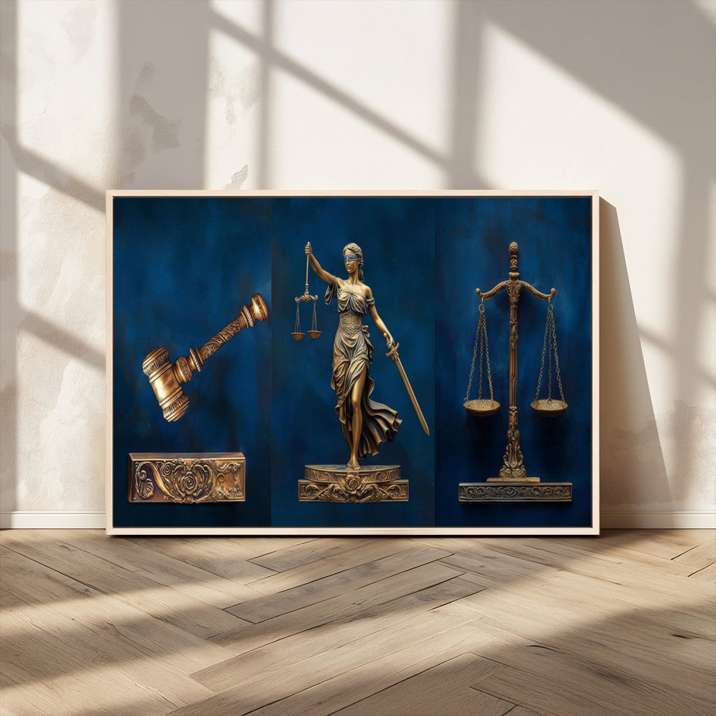 Lady Justice Wall Art Canvas Print, Elegant Gold Legal Symbols on Blue, Law Office Decor