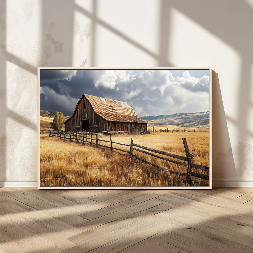 Golden Wheat Field Barn Canvas Print, Rustic Farm Landscape Under Dramatic Sky