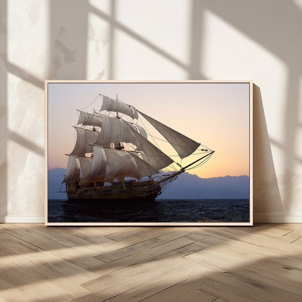 Majestic Sailing Ship Wall Art Canvas Print, Sunset Ocean Voyage with Tall Ship