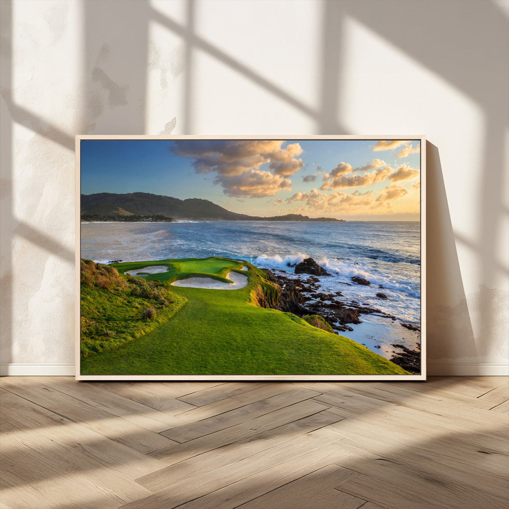 Coastal Golf Course Wall Art Canvas Print, Sunset with Rolling Green Fairways and Ocean Waves