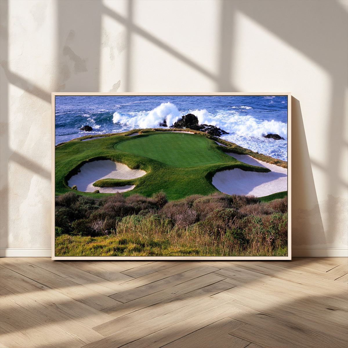 Ocean Cliff Golf Course Wall Art Canvas Print, Waves Crashing, Coastal Golf Landscape