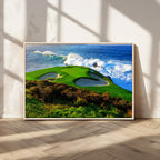 Coastal Golf Course Wall Art Canvas Print, Vibrant Green with Sand Bunkers and Ocean Waves