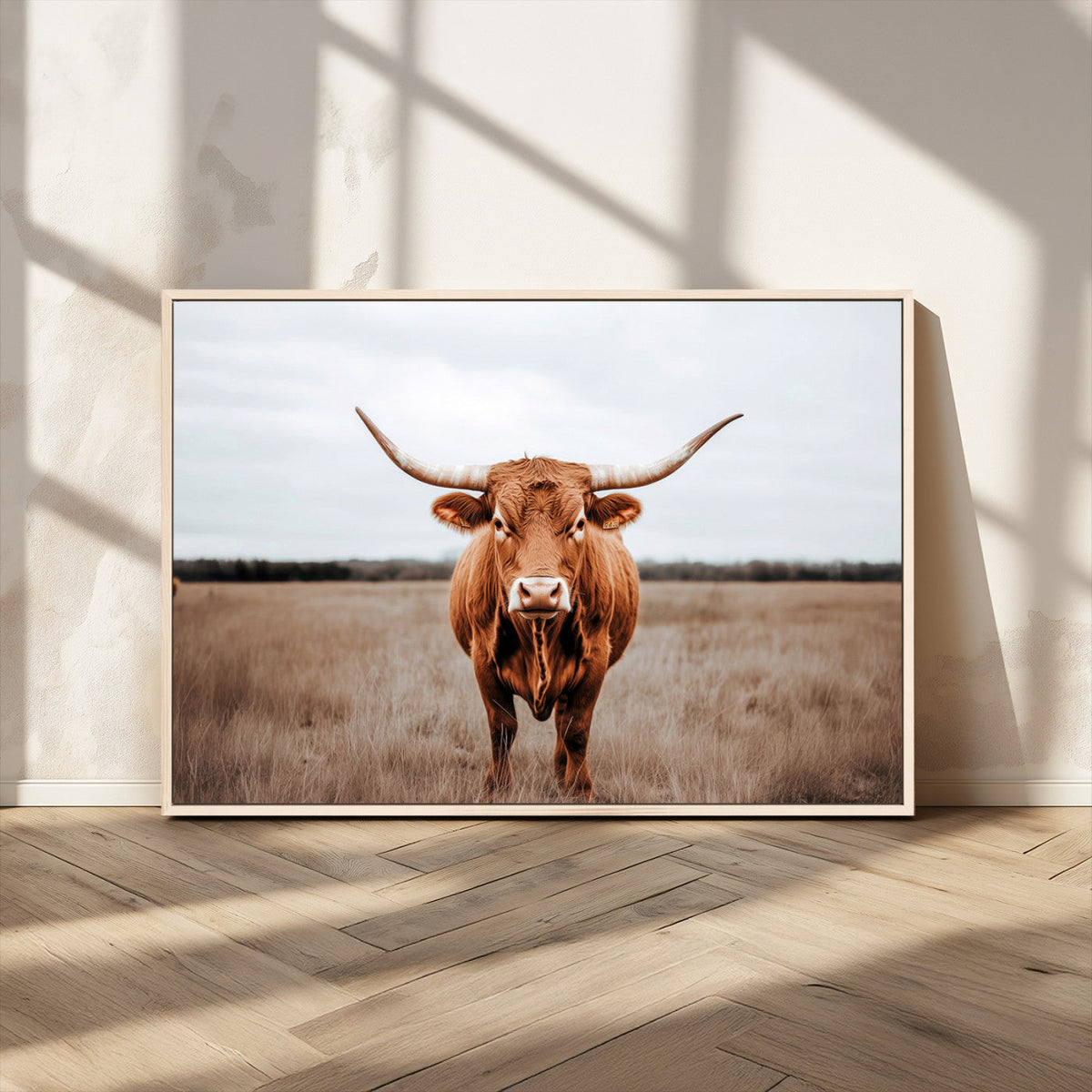 Longhorn Bull Wall Art Canvas Print, Framed Rustic Decor