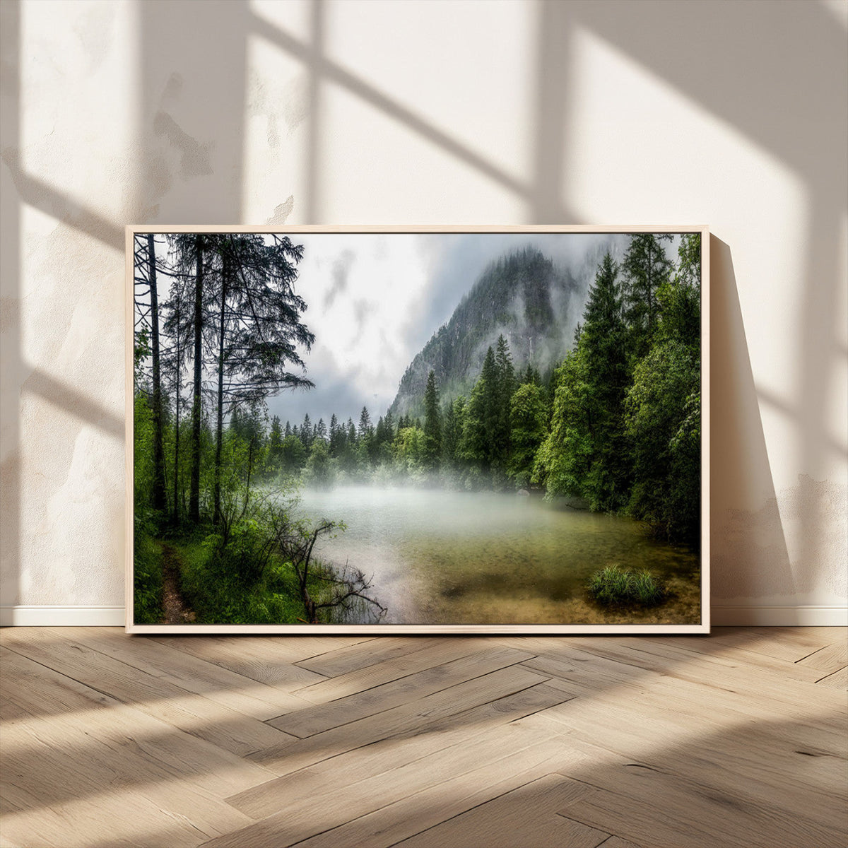 Misty Lake Forest Wall Art, Green Trees and Calm Water Reflection, Mountain Fog Landscape Canvas
