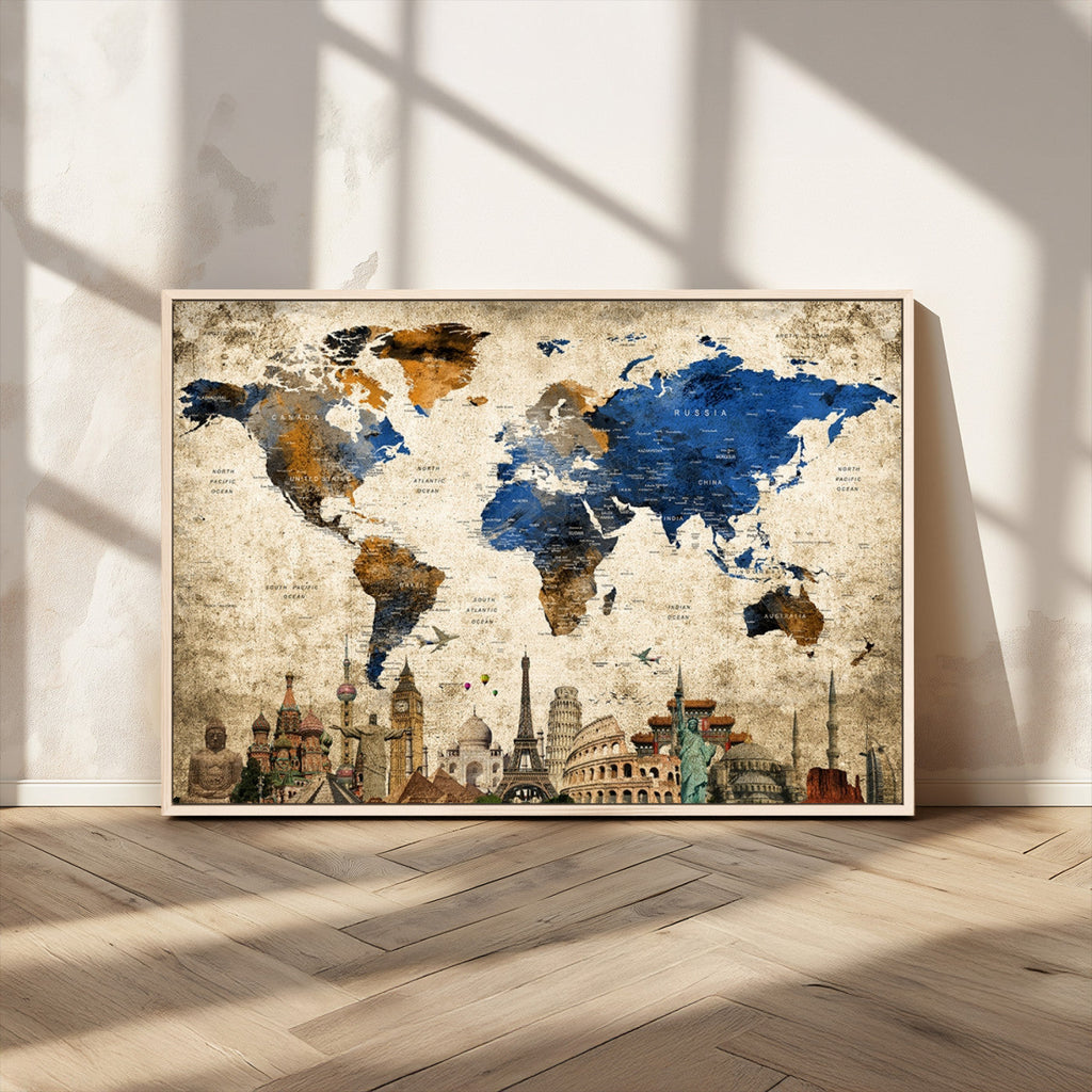 World Map Canvas Print | Vintage Blue and Gold World Map Wall Art