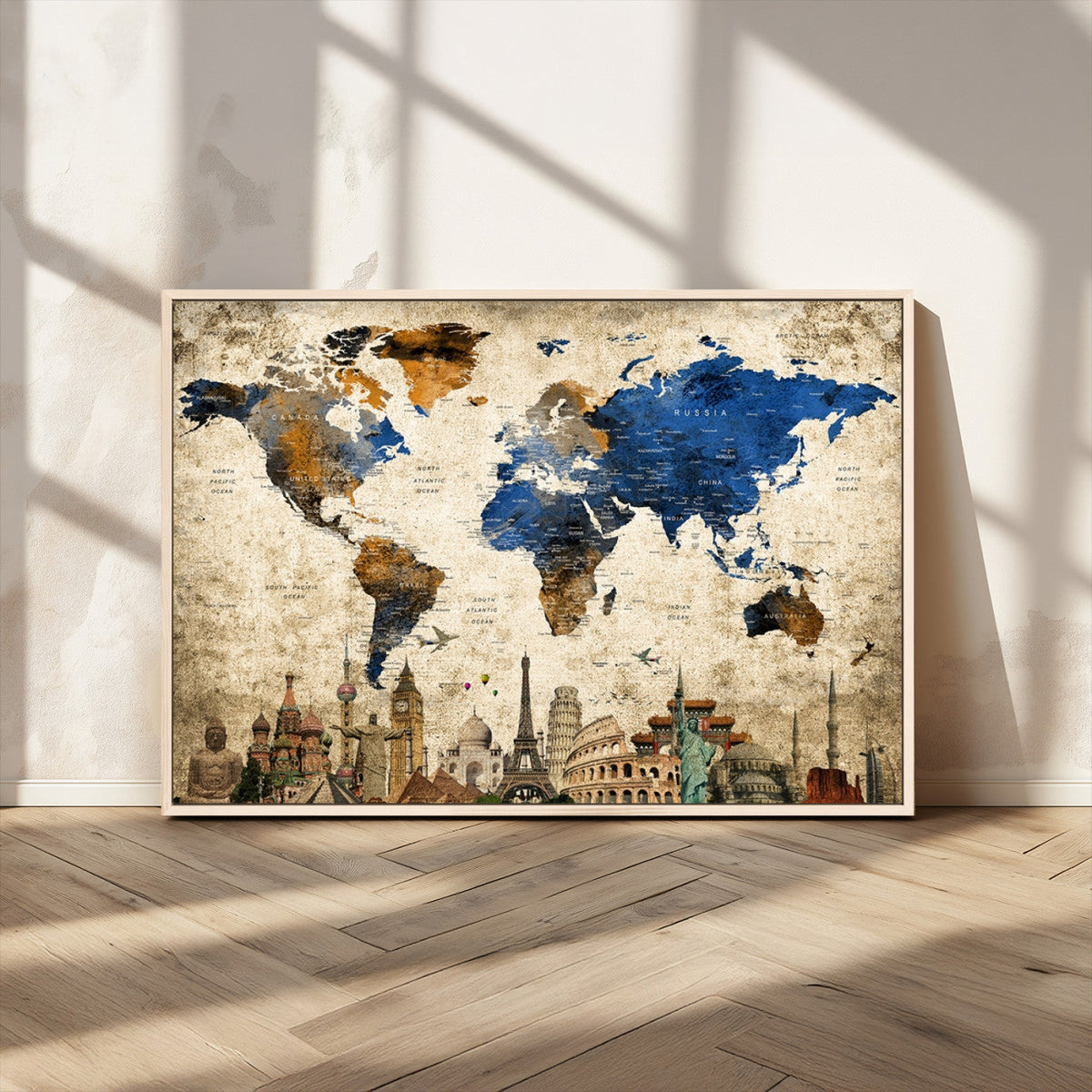 World Map Canvas Print | Vintage Blue and Gold World Map Wall Art