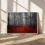 Red Forest Floor Canvas Wall Art | Mystical Foggy Woodland Triptych