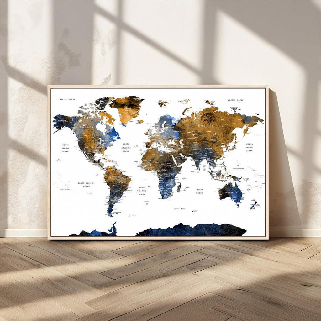 Modern Abstract World Map Canvas Wall Art | Framed Blue and Gold Map Print