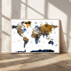 Modern Abstract World Map Canvas Wall Art | Framed Blue and Gold Map Print