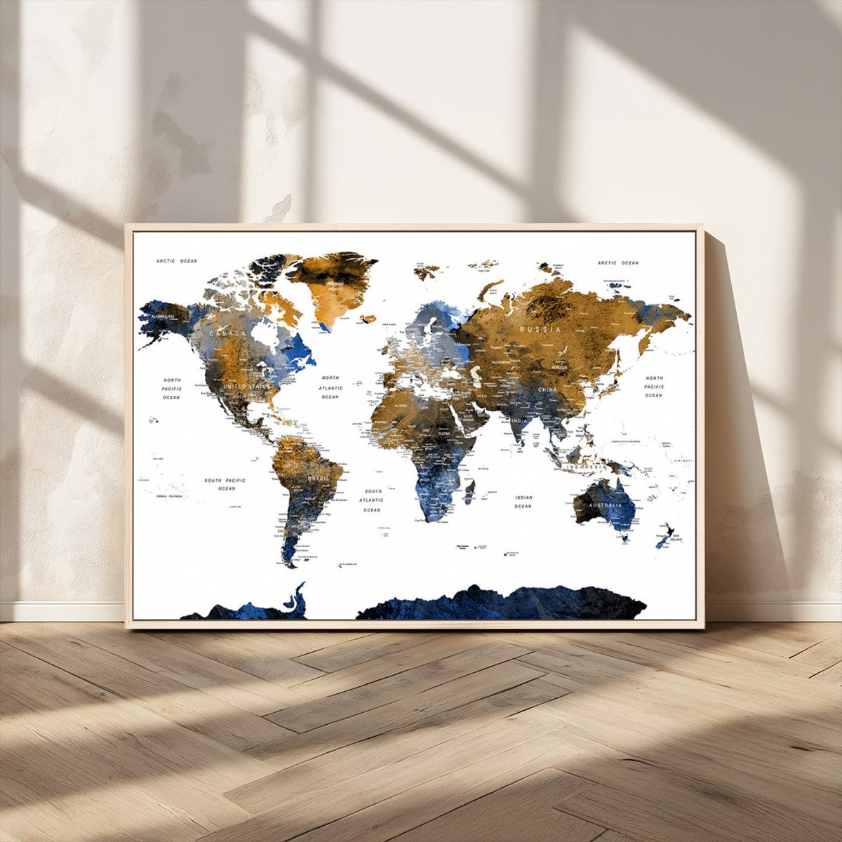 Modern Abstract World Map Canvas Wall Art | Framed Blue and Gold Map Print