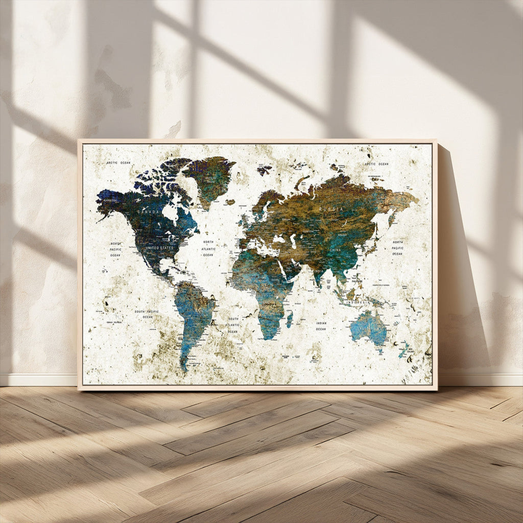 Vintage World Map Wall Art Canvas Print, Framed Rustic Earth Tone Map