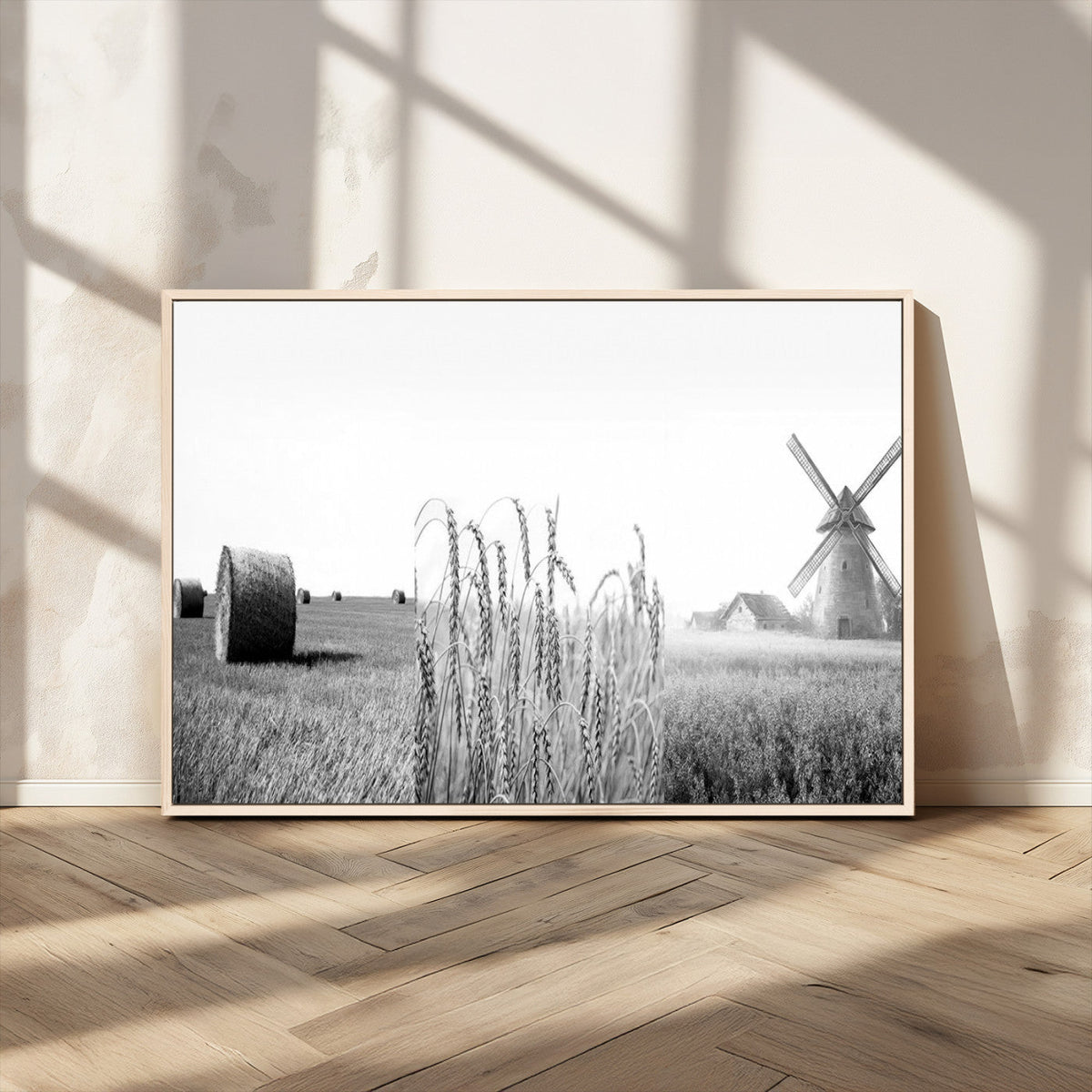 Vintage Farmhouse Black and White Triptych Wall Art, Giclee Canvas with Wheat Fields, Hay Bales and Windmill