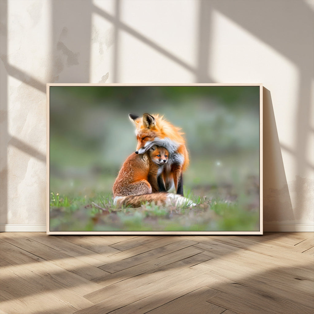 Heartwarming Fox and Baby Cub Wall Art | Canvas Print of Foxes in Nature