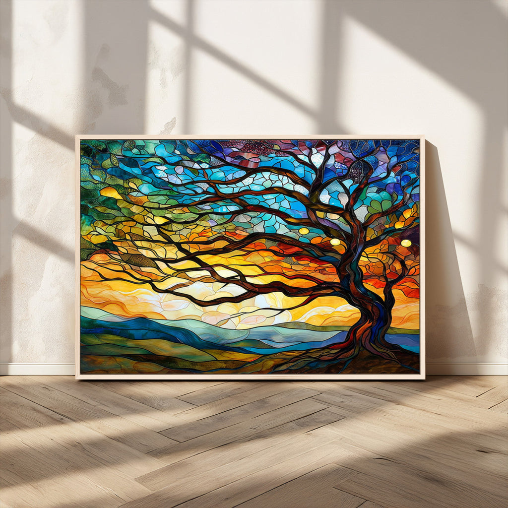 Vibrant Mosaic Tree of Life Wall Art, Stained Glass Style Canvas Print