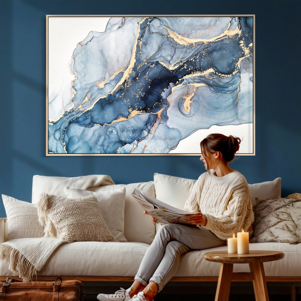Blue Abstract Canvas Wall Art Print | Fluid Marble Effect Abstract Art