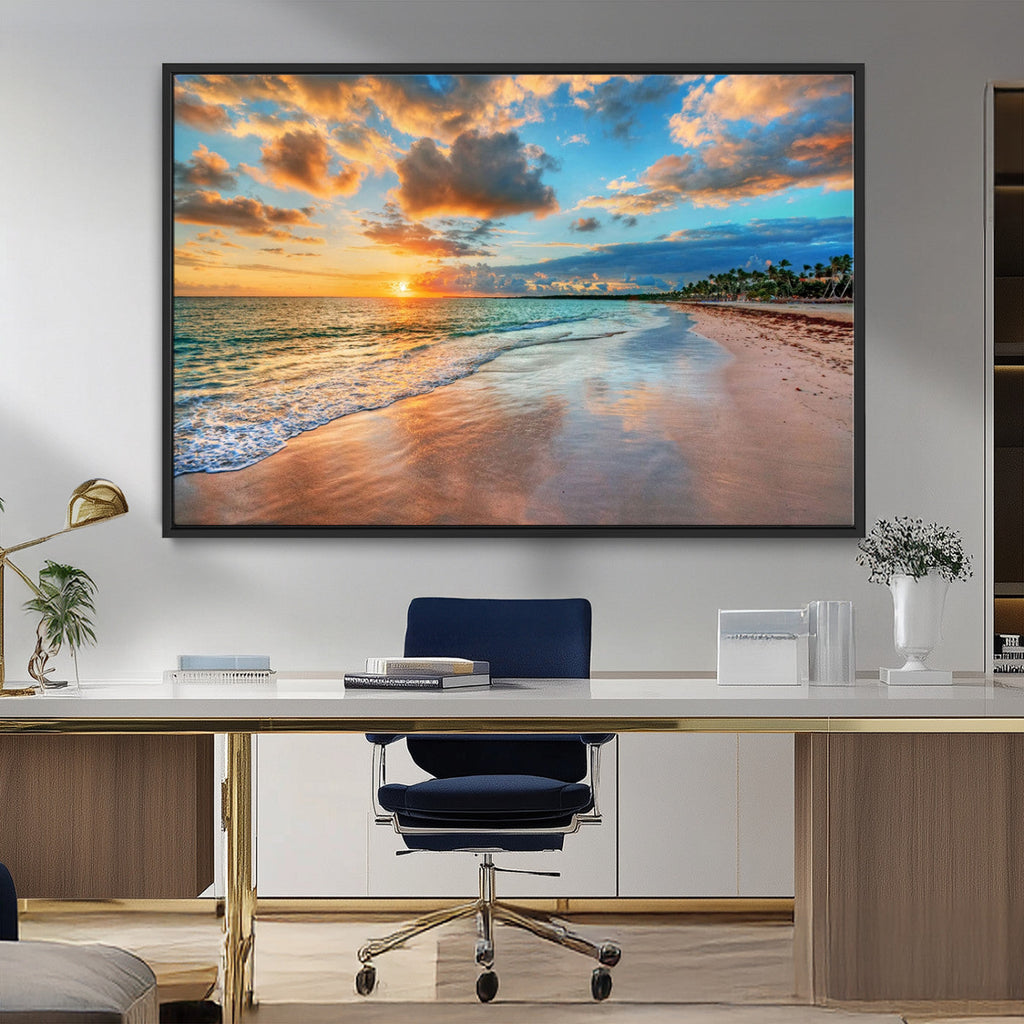 Sunset Beach Canvas Wall Art | Tropical Triptych Seascape Print