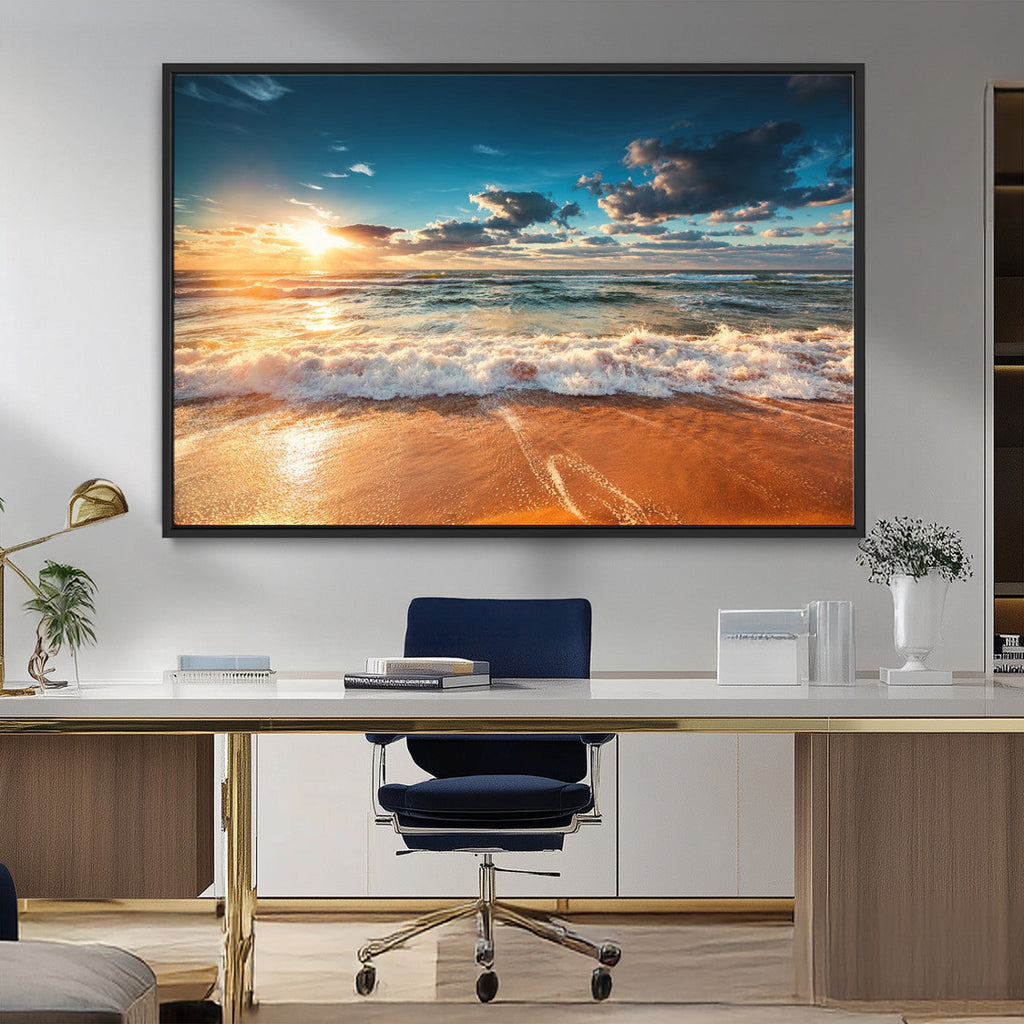 Golden Sunset Beach Triptych Canvas Art, Giclee Coastal Wall Decor, Ocean Waves Print