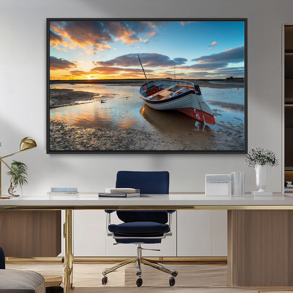 Small Boat At The Beach Sunset Wall Art, Boat Sunset Wall Art Canvas Print