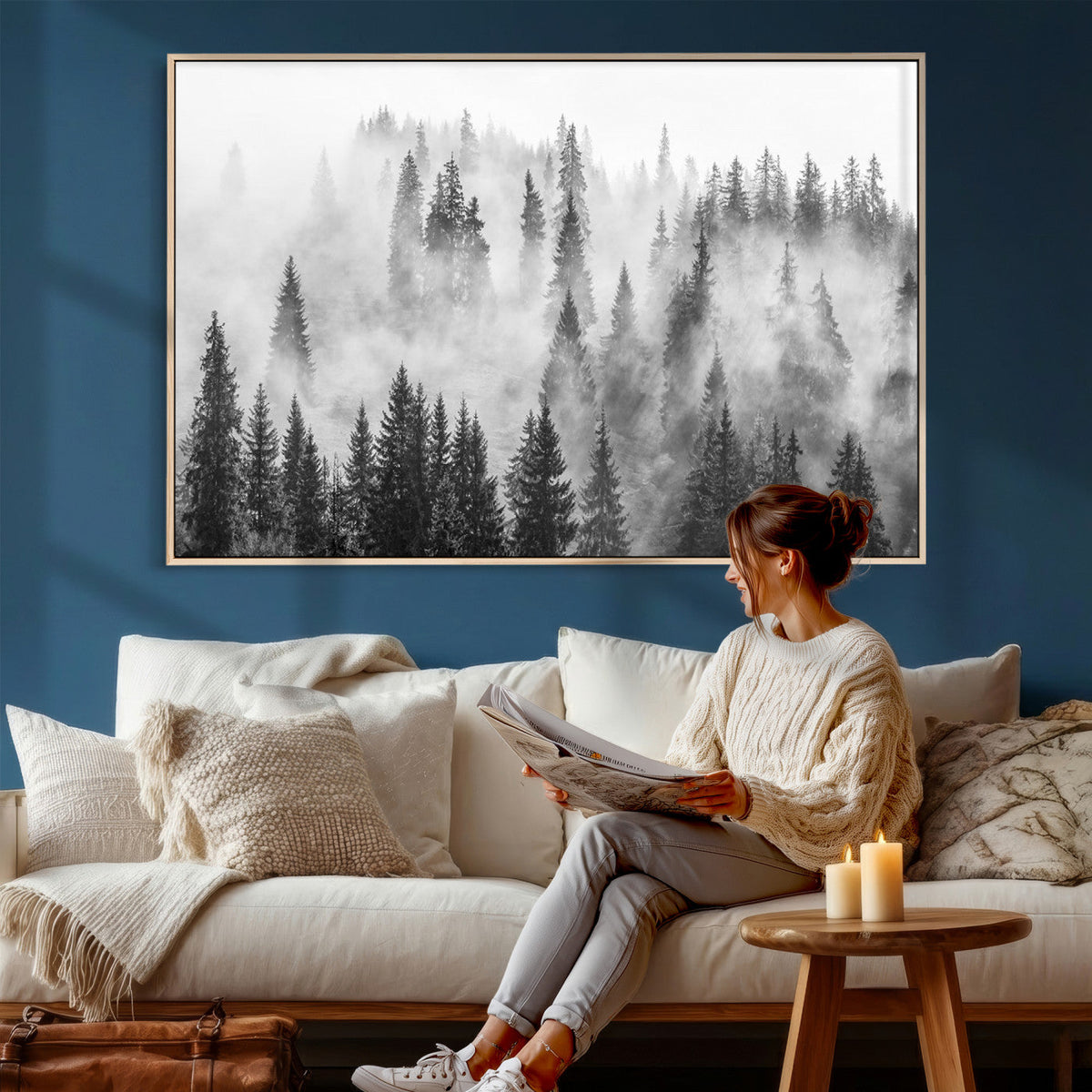 Forest Wall Art Print | Foggy Pine Forest Canvas Wall Art, Black and White Nature Decor