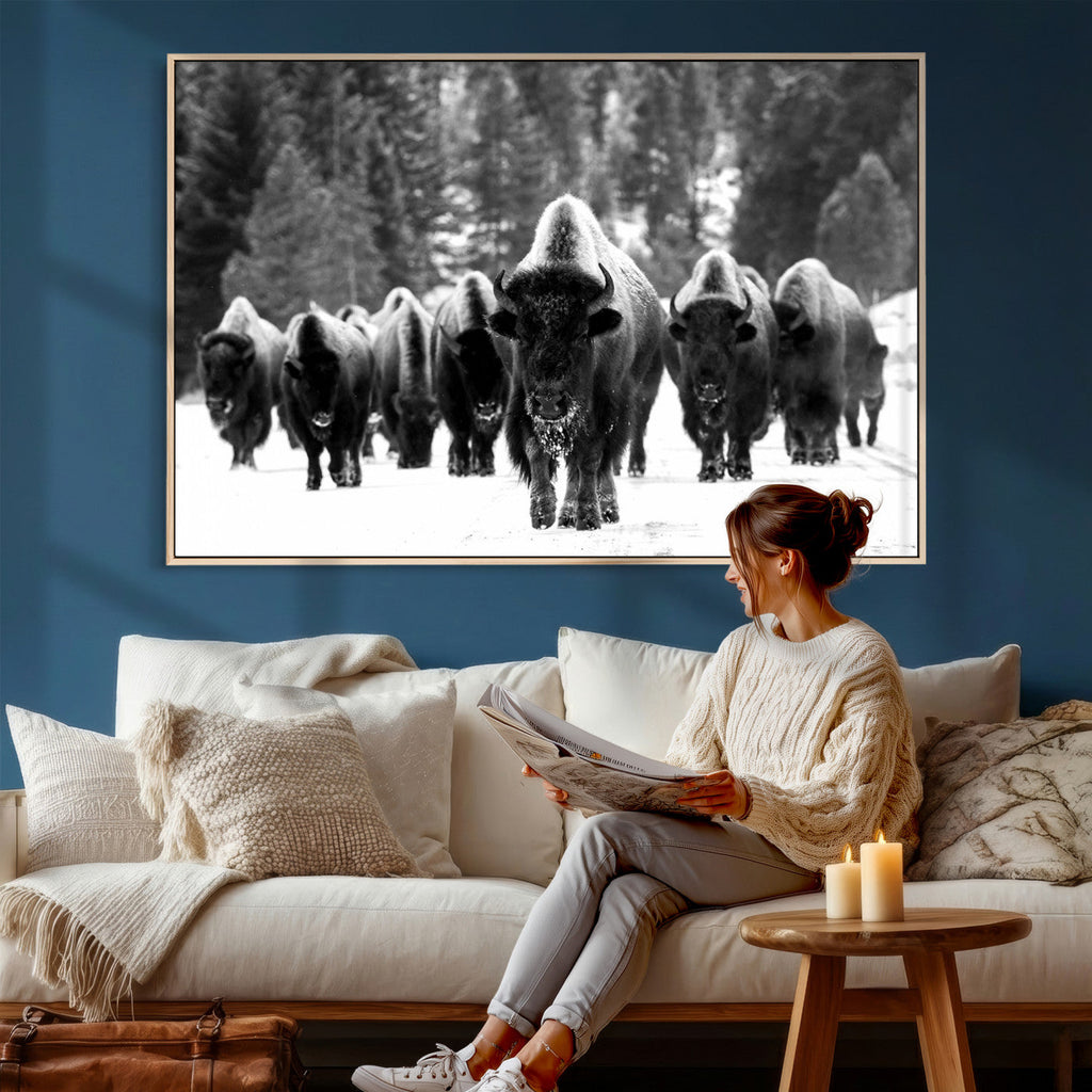 Bison Herd in Snow Wall Art Canvas Print | Rustic Western Bison Wall Art for Living Room and Farmhouse Decor