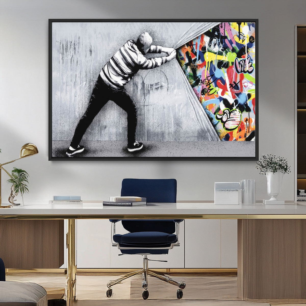 Banksy Art Behind the Curtain Street Wall Art Canvas Print | Urban Graffiti Style Wall Decor