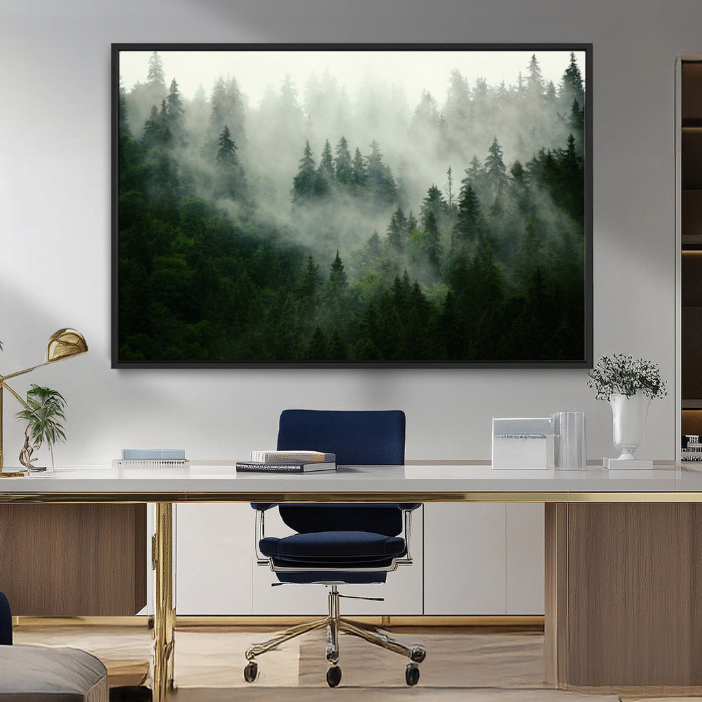 Misty Forest Wall Art | Tranquil Green Woodland Canvas Print
