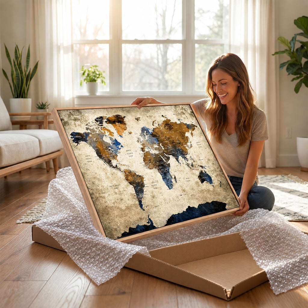 World Map Wall Art | Antique Style Blue and Brown Map Canvas Print