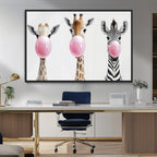 Bubblegum Animals Canvas Wall Art, Playful Giraffe and Zebra Trio, Whimsical Nursery and Kids Room Decor