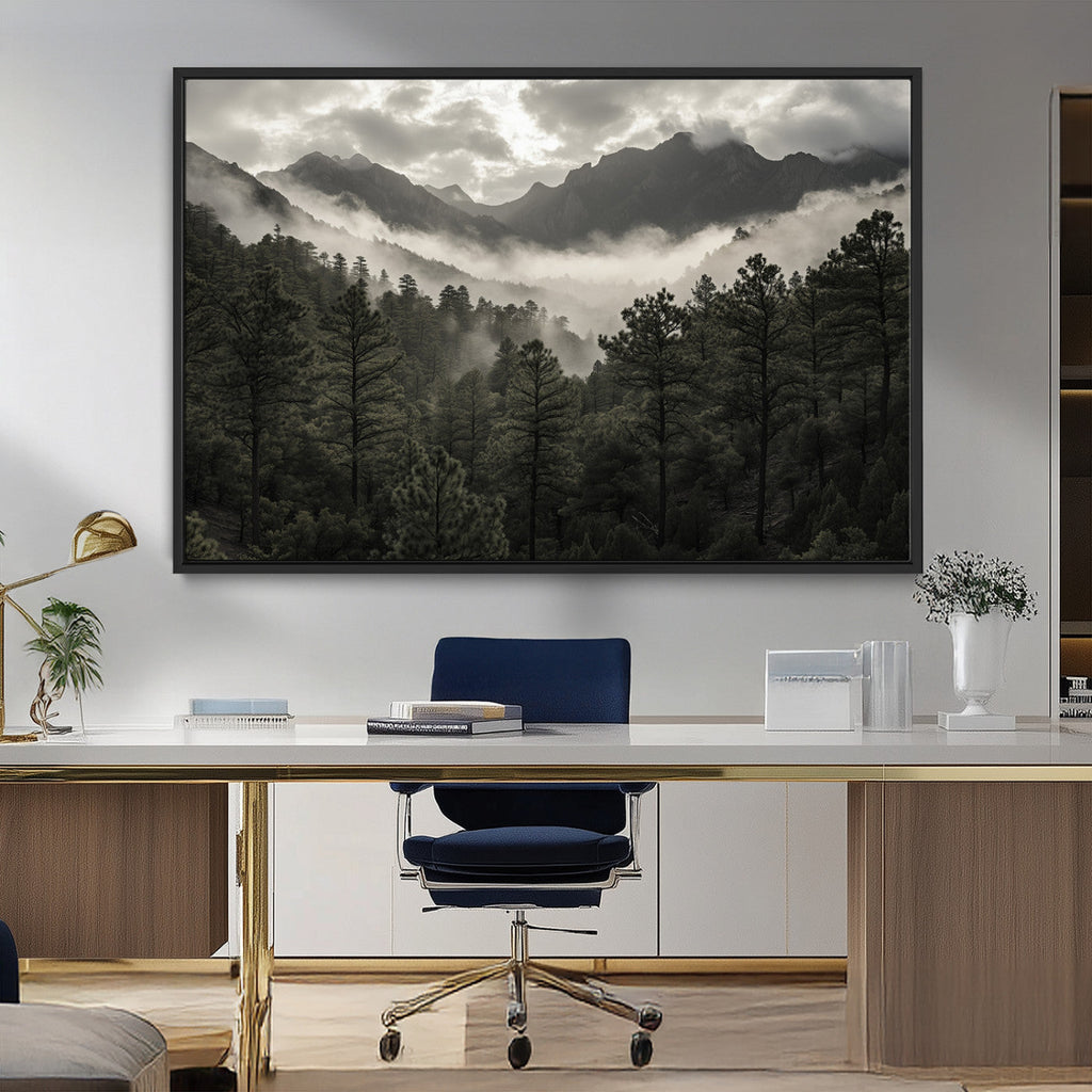 Moody Forest Wall Art | Framed Mountain Fog Canvas Artwork