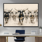Texas Longhorn Wall Art | Framed Cattle Walking Canvas