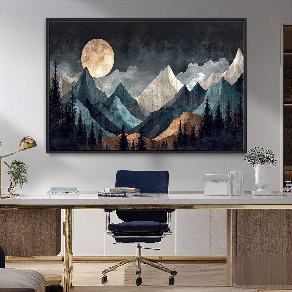 Moonlit Mountain Wall Art Canvas Print, Framed Silhouetted Pines Art, Layered Peaks Rustic Decor