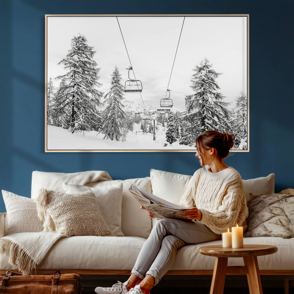 Snowy Ski Lift Wall Art | Framed Winter Forest Canvas