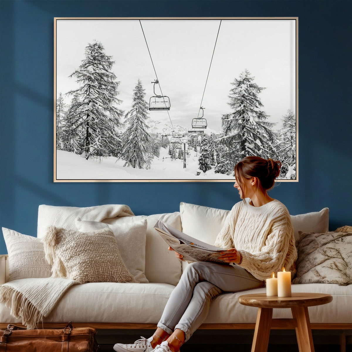 Snowy Ski Lift Wall Art | Framed Winter Forest Canvas