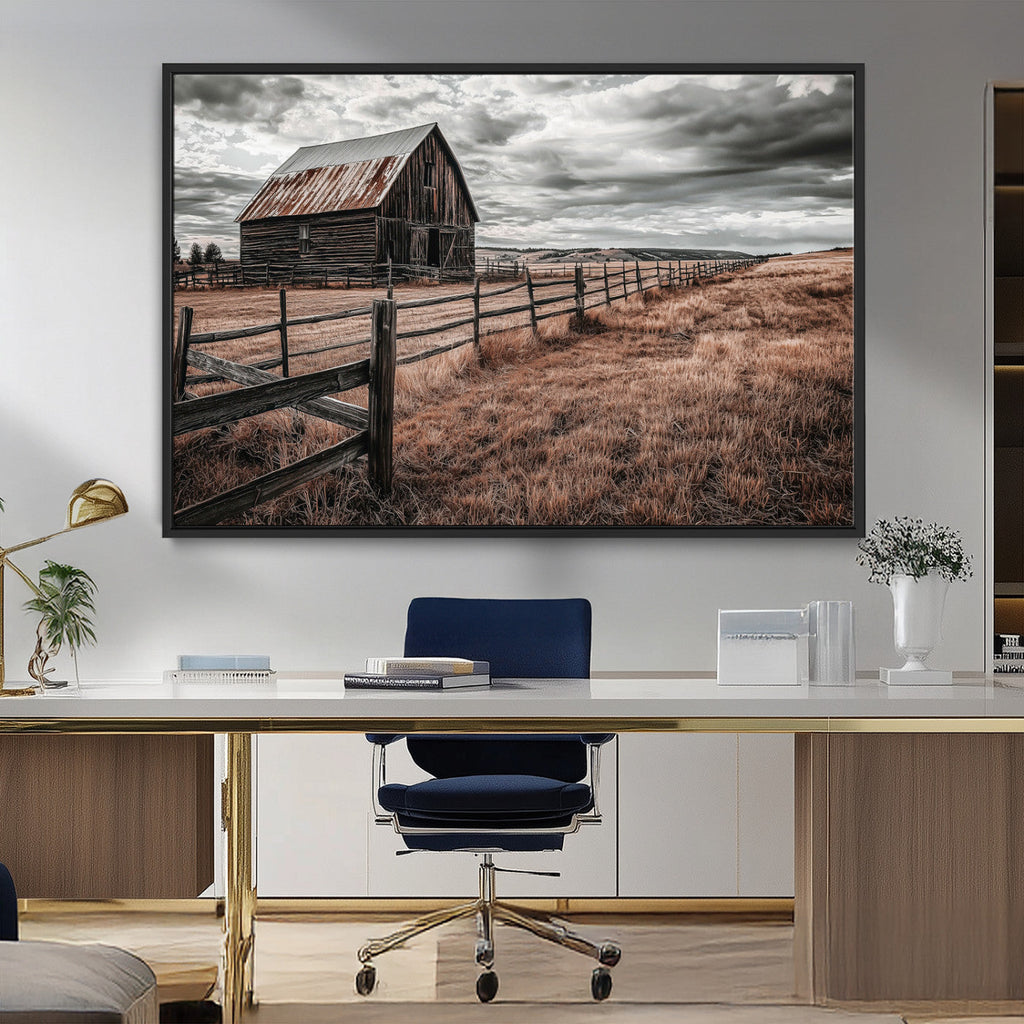Rustic Barn Wall Art Canvas Print, Framed Moody Field Scene