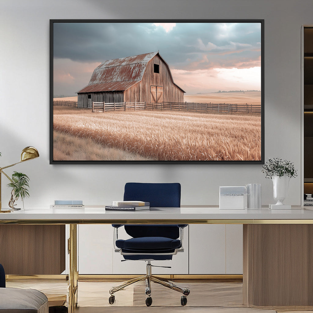 Rustic Barn Wall Art Canvas Print, Framed Wheat Field Scene