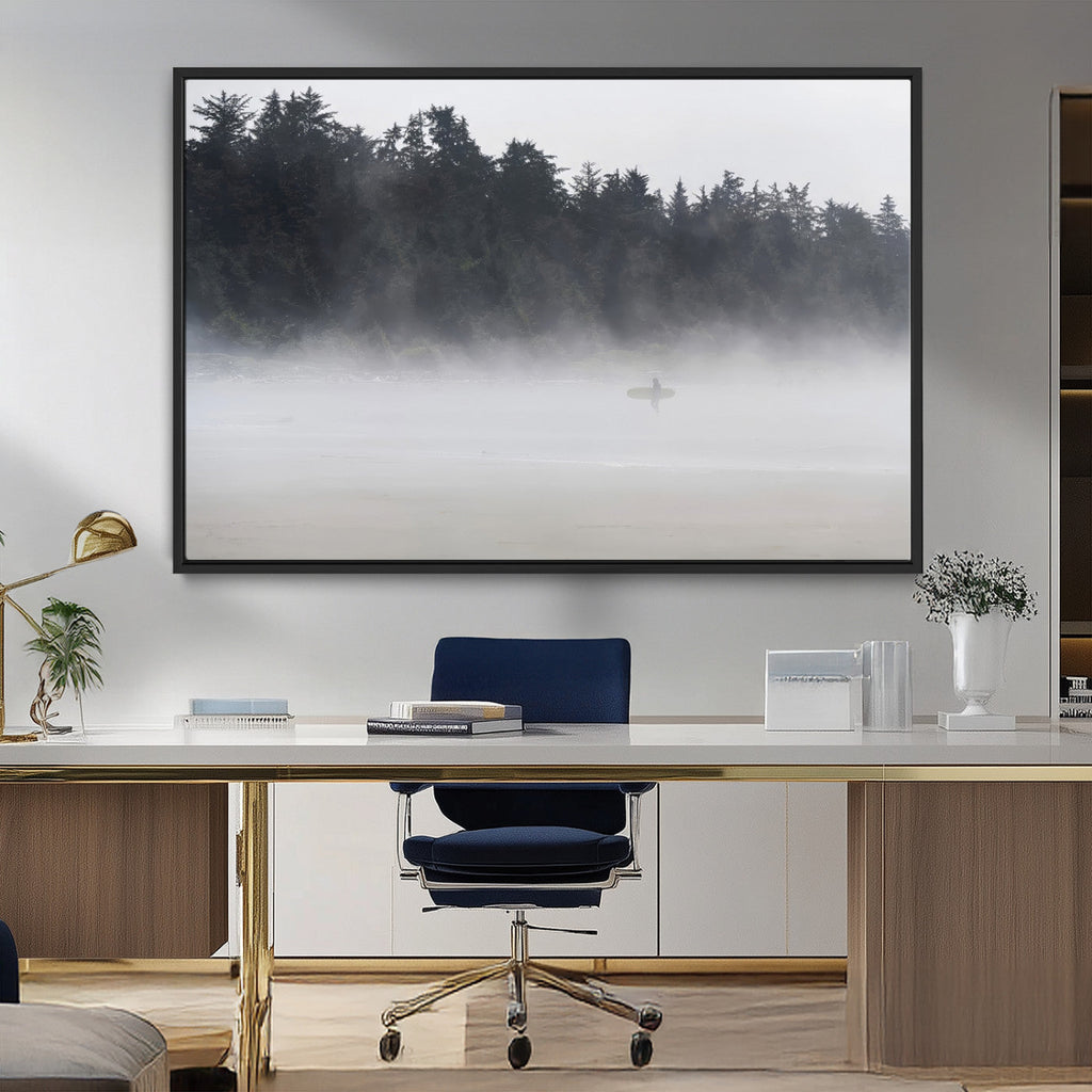 Surfer Fog Wall Art Canvas Print, Framed Foggy Beach and Coastal Surf Scene