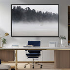 Surfer Fog Wall Art Canvas Print, Framed Foggy Beach and Coastal Surf Scene