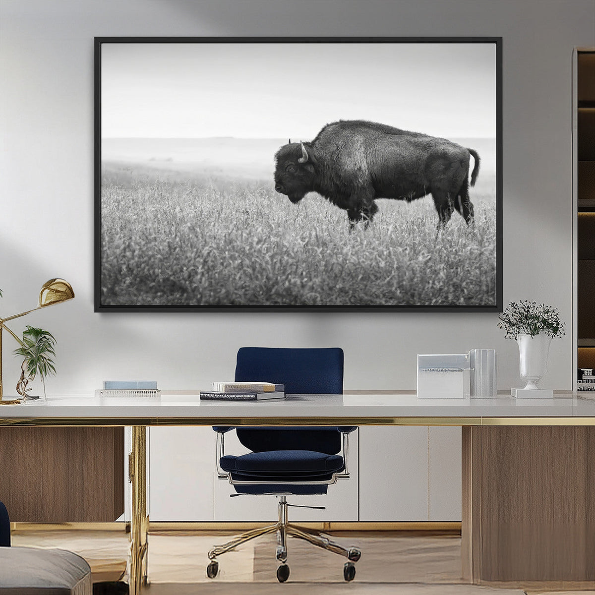 Bison Wall Art Canvas Print, Framed Rustic Wildlife Scene with Wild Buffalo