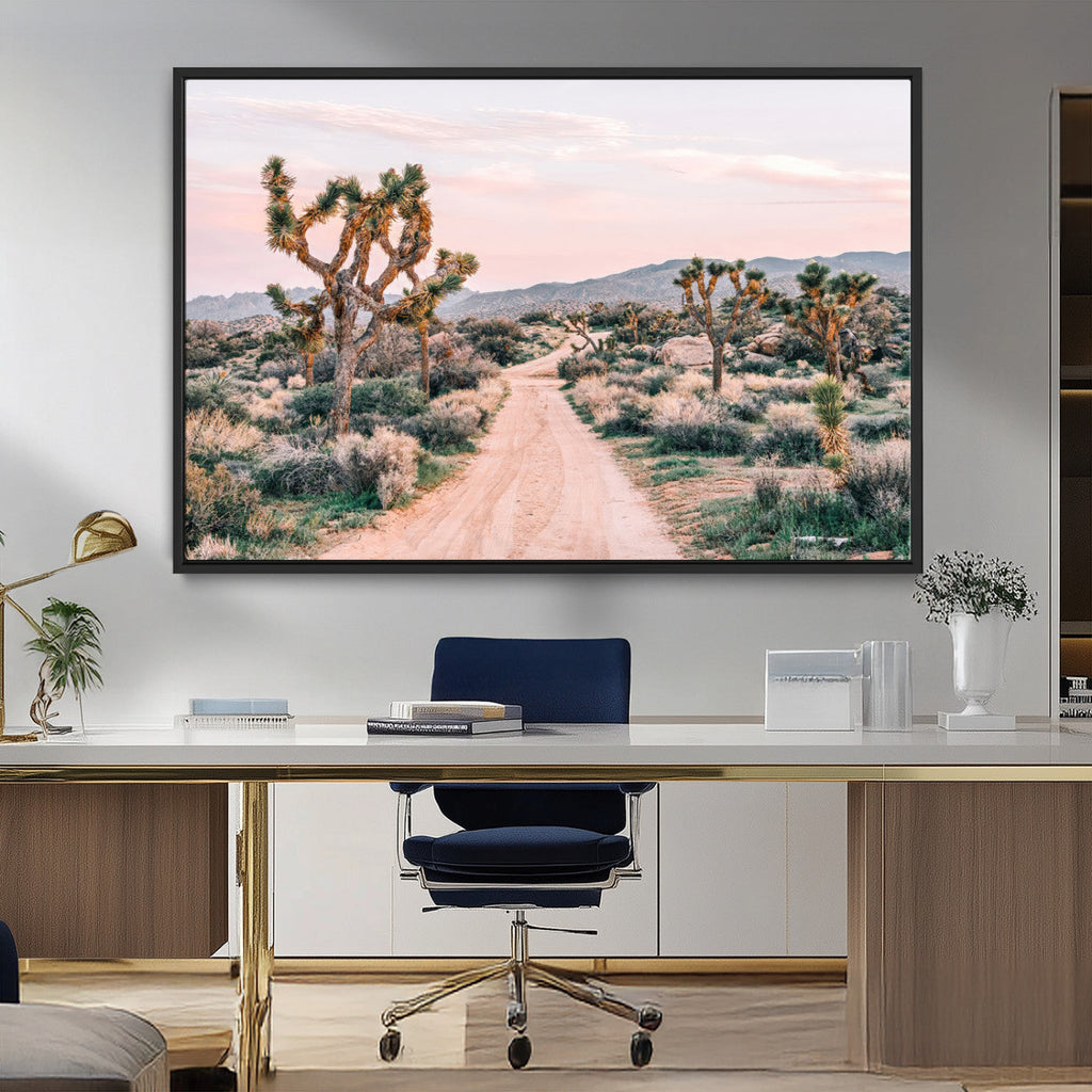 Joshua Tree Wall Art Canvas Print, Framed Desert Road Scene at Sunset
