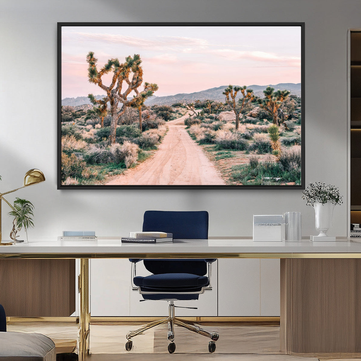 Joshua Tree Wall Art Canvas Print, Framed Desert Road Scene at Sunset