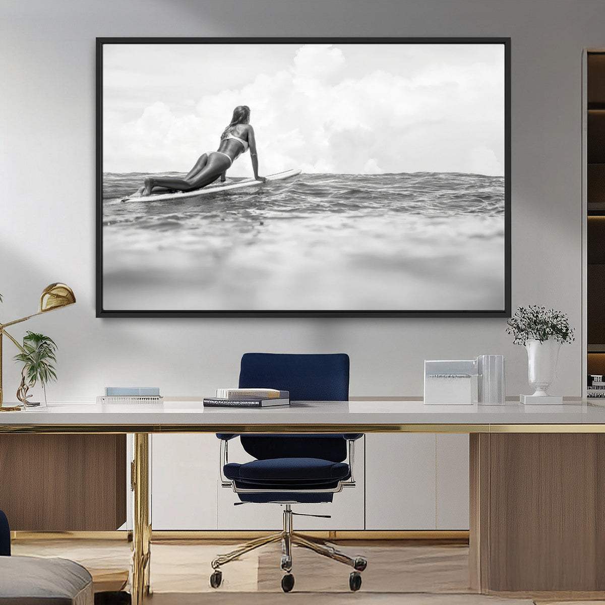 Black and White Surfing Wall Art Canvas Print, Framed Ocean Horizon Surfer Girl