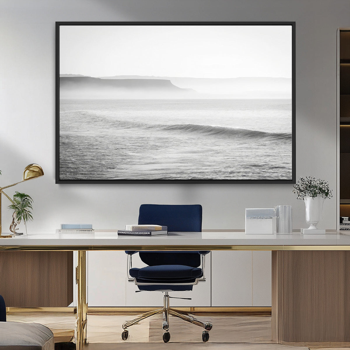 Black and White Seascape Wall Art Canvas Print, Framed Misty Ocean Waves