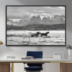 Wild Horses Wall Art | Framed Black White Mountain Canvas